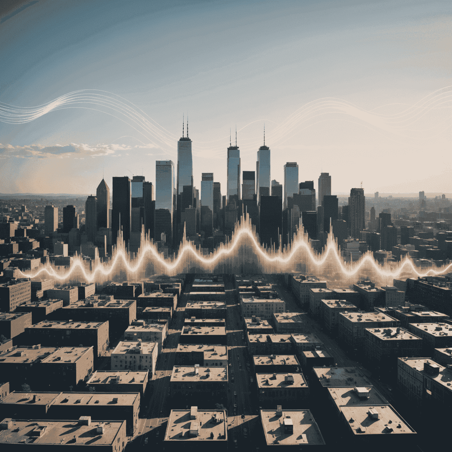 A cityscape with visible sound waves overlaying the image, representing the Urban Soundscape Project capturing authentic city sounds