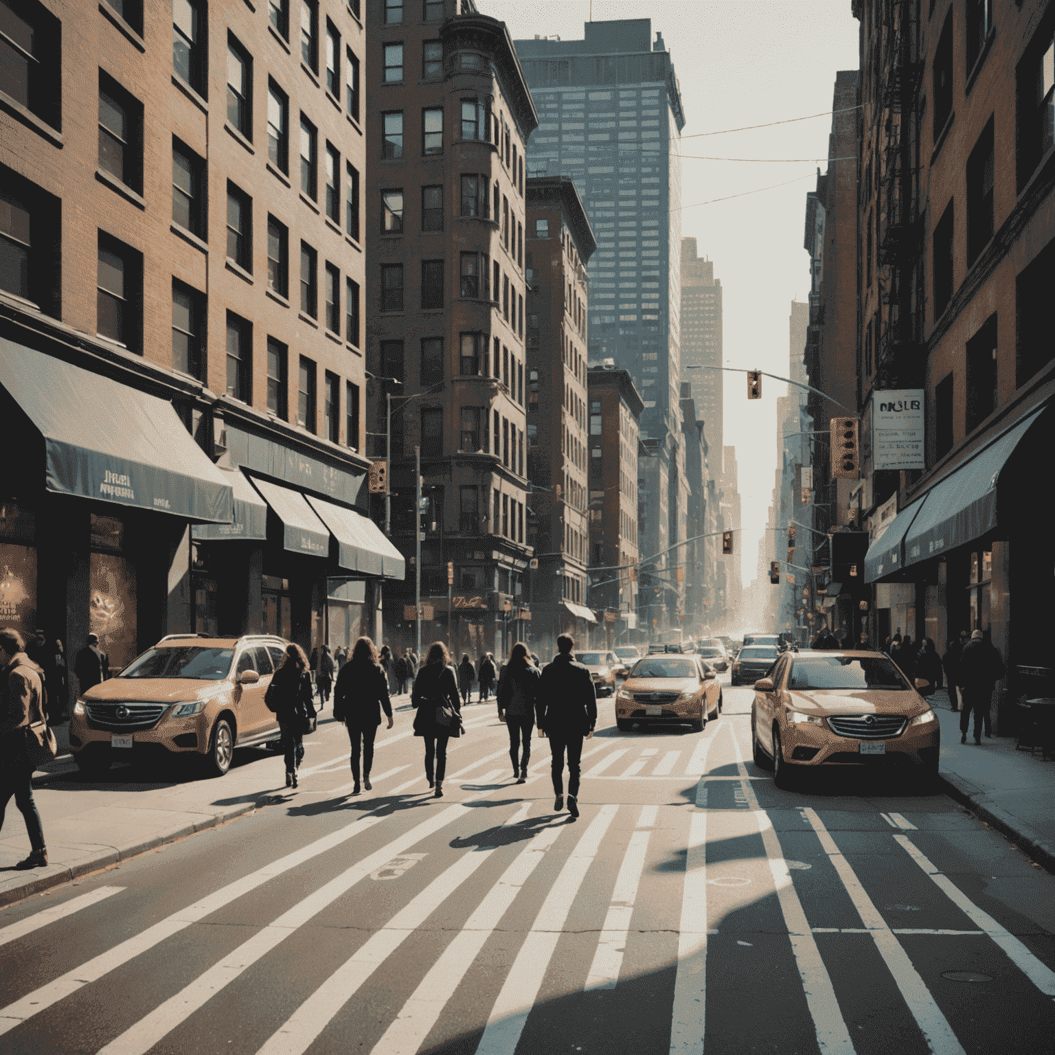 A bustling city street with people walking, cars passing, and various urban structures. Sound waves are visually represented overlaying the scene, indicating the capture of urban sounds.