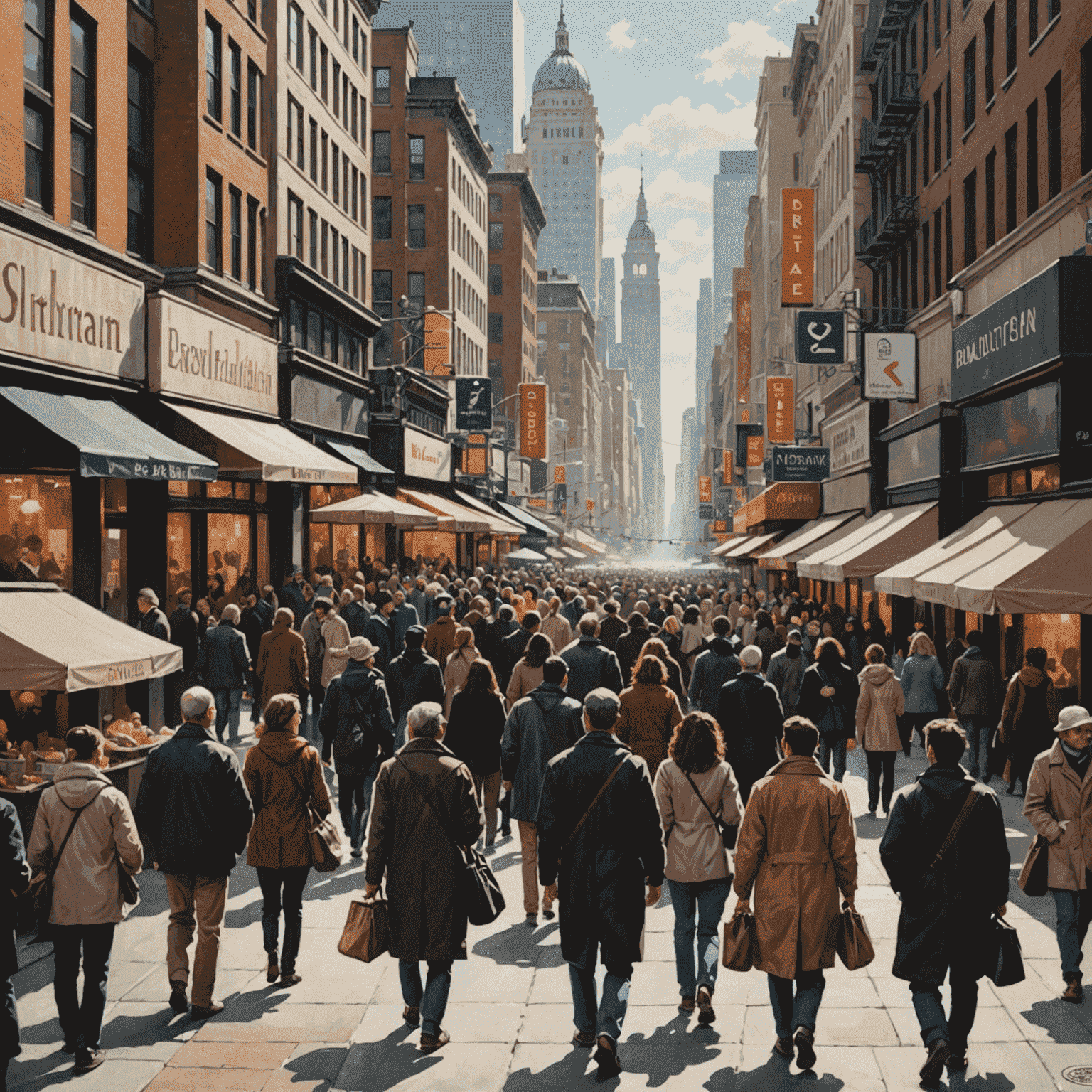 A bustling urban street scene with people engaged in various conversations. The image captures the essence of a crowded city environment with tall buildings, street vendors, and a diverse mix of pedestrians.