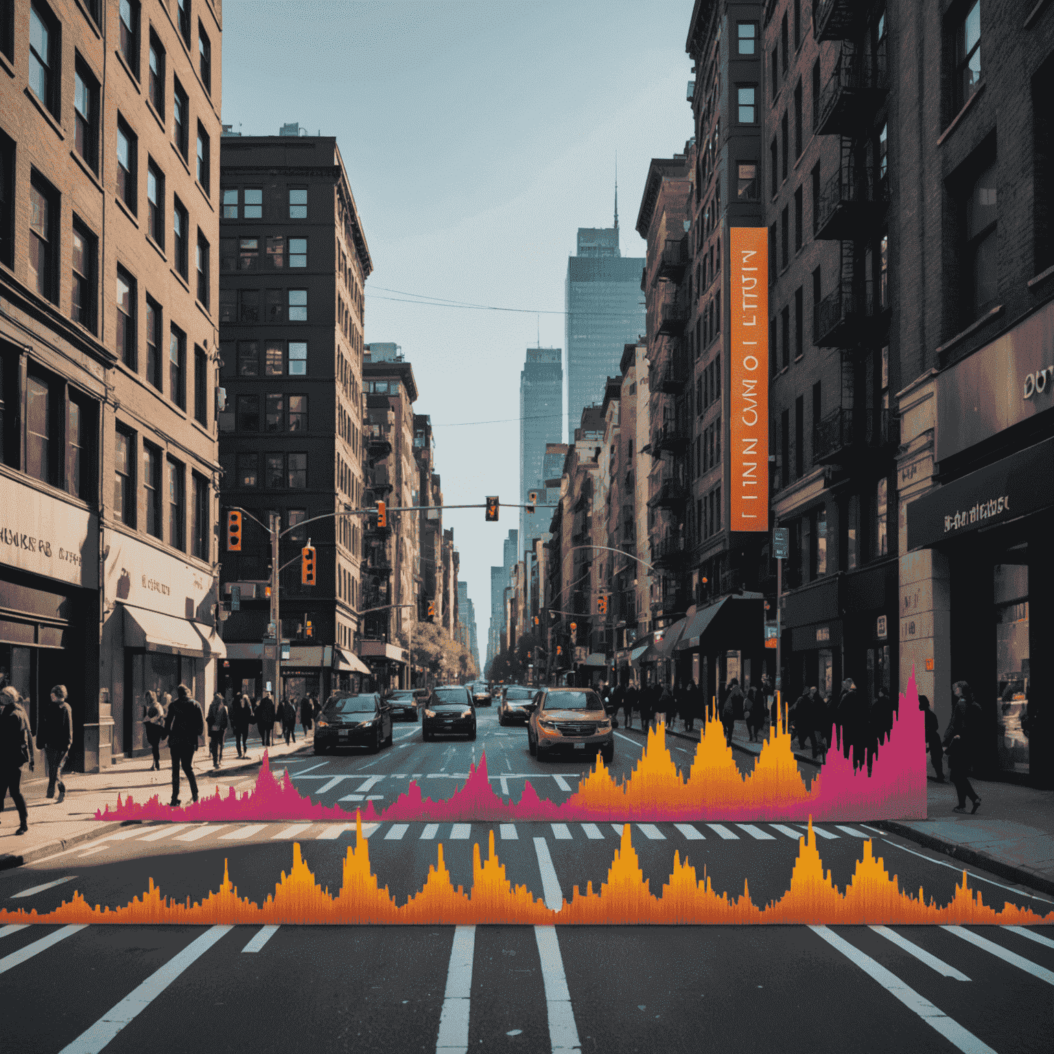 A bustling city street with various urban sounds visualized as colorful waveforms floating in the air