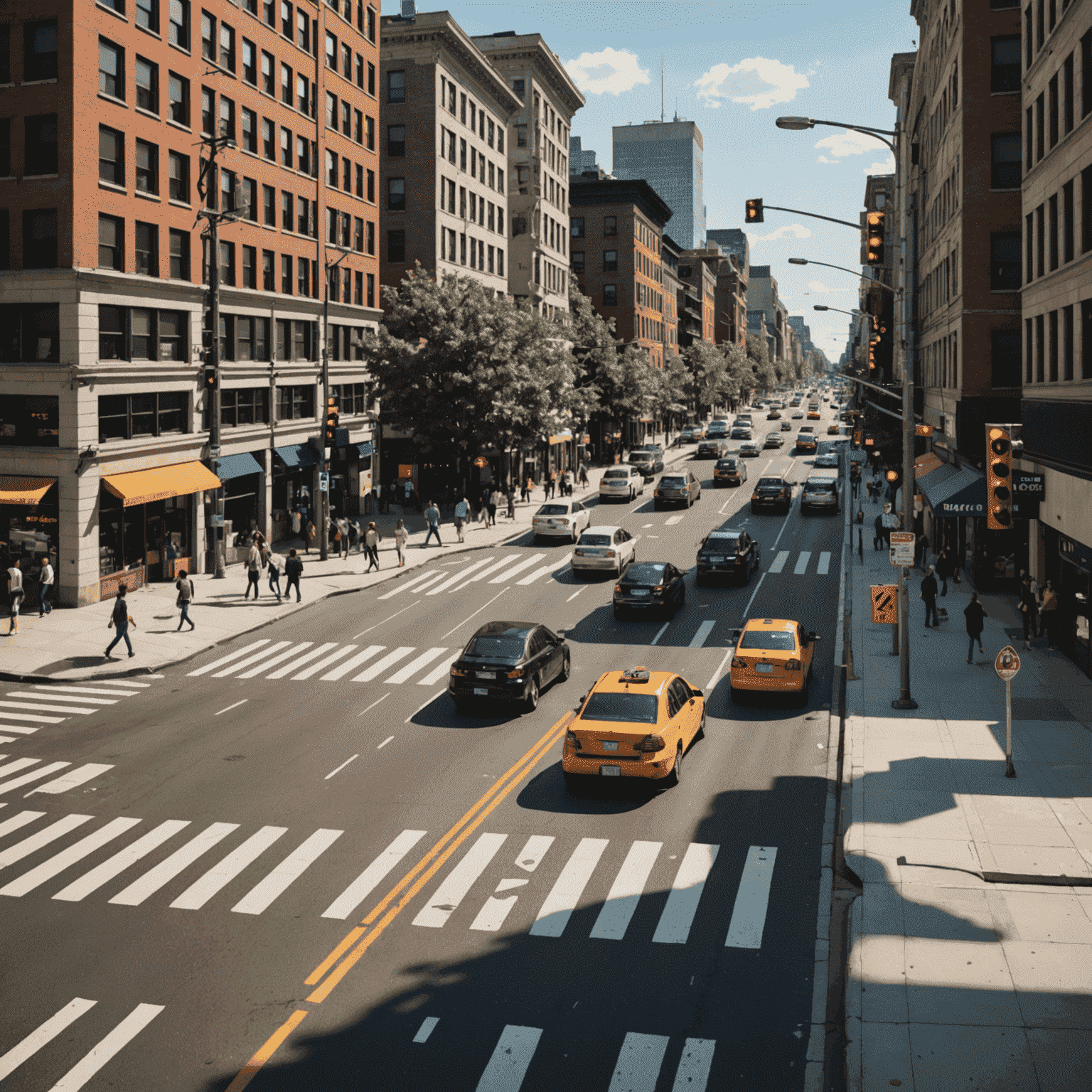 A bustling city intersection with cars honking, people crossing, and traffic lights changing