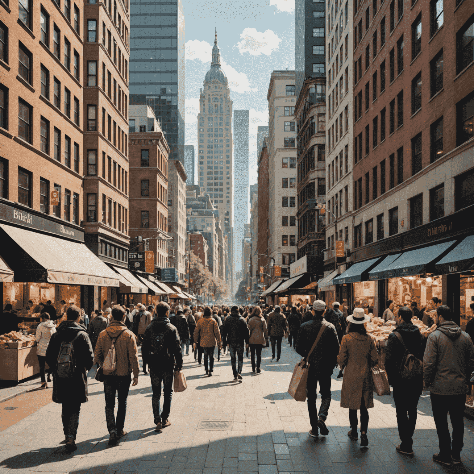 A busy city street with people engaged in conversation. Tall buildings in the background, street vendors, and a mix of pedestrians creating a lively urban atmosphere.