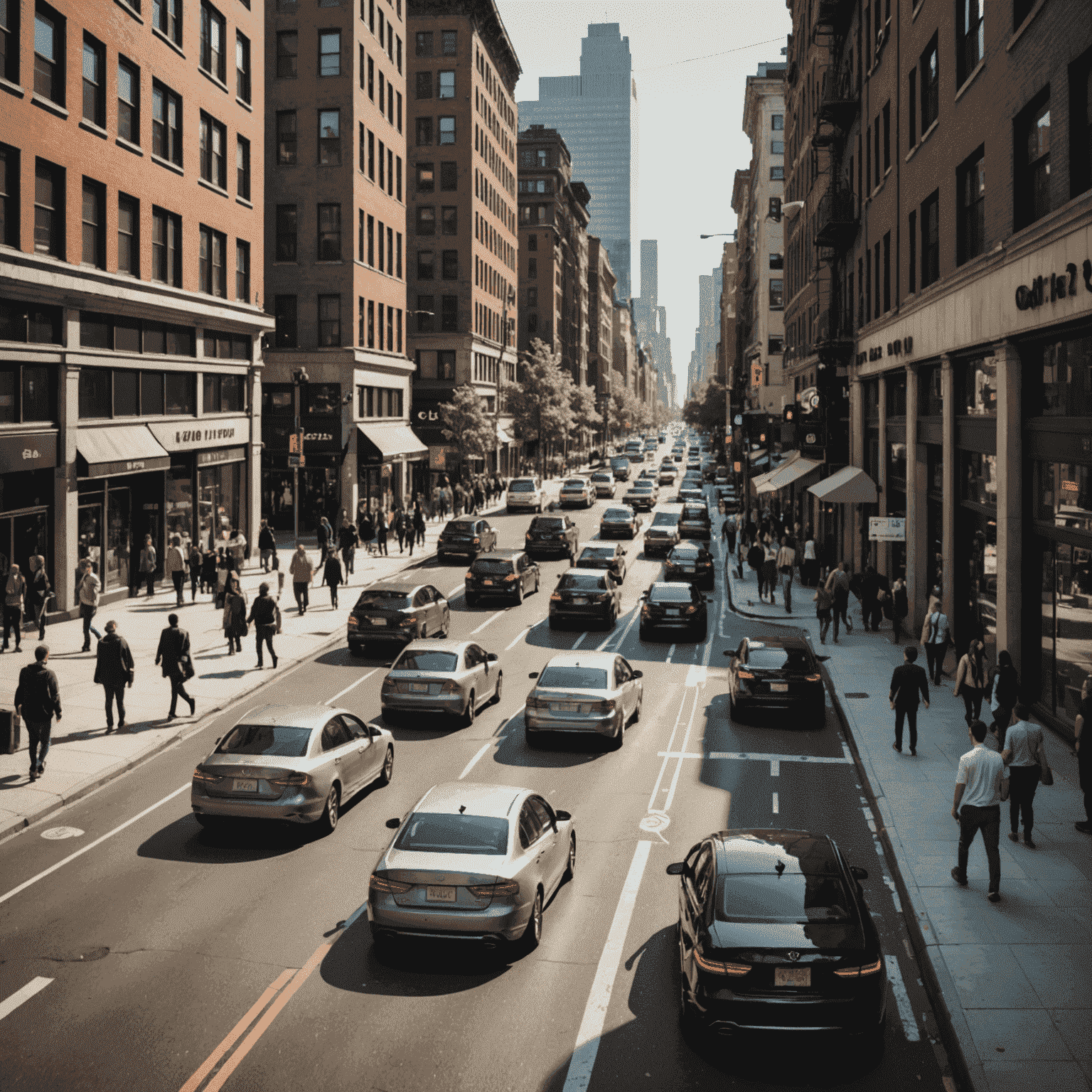 Busy city street with cars, pedestrians, and ambient urban noise