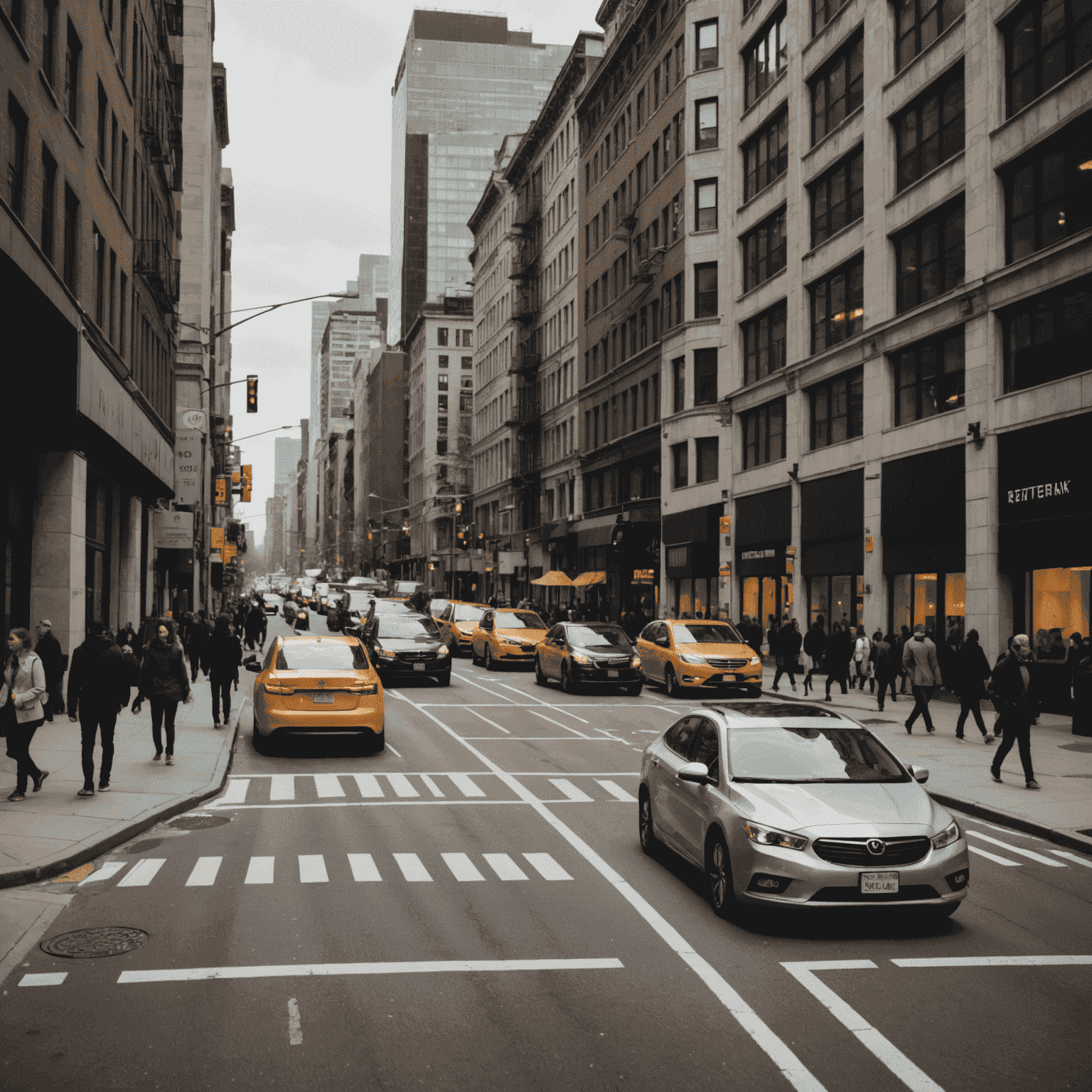 A busy city street with people walking, cars passing, and various urban noises visualized as sound waves
