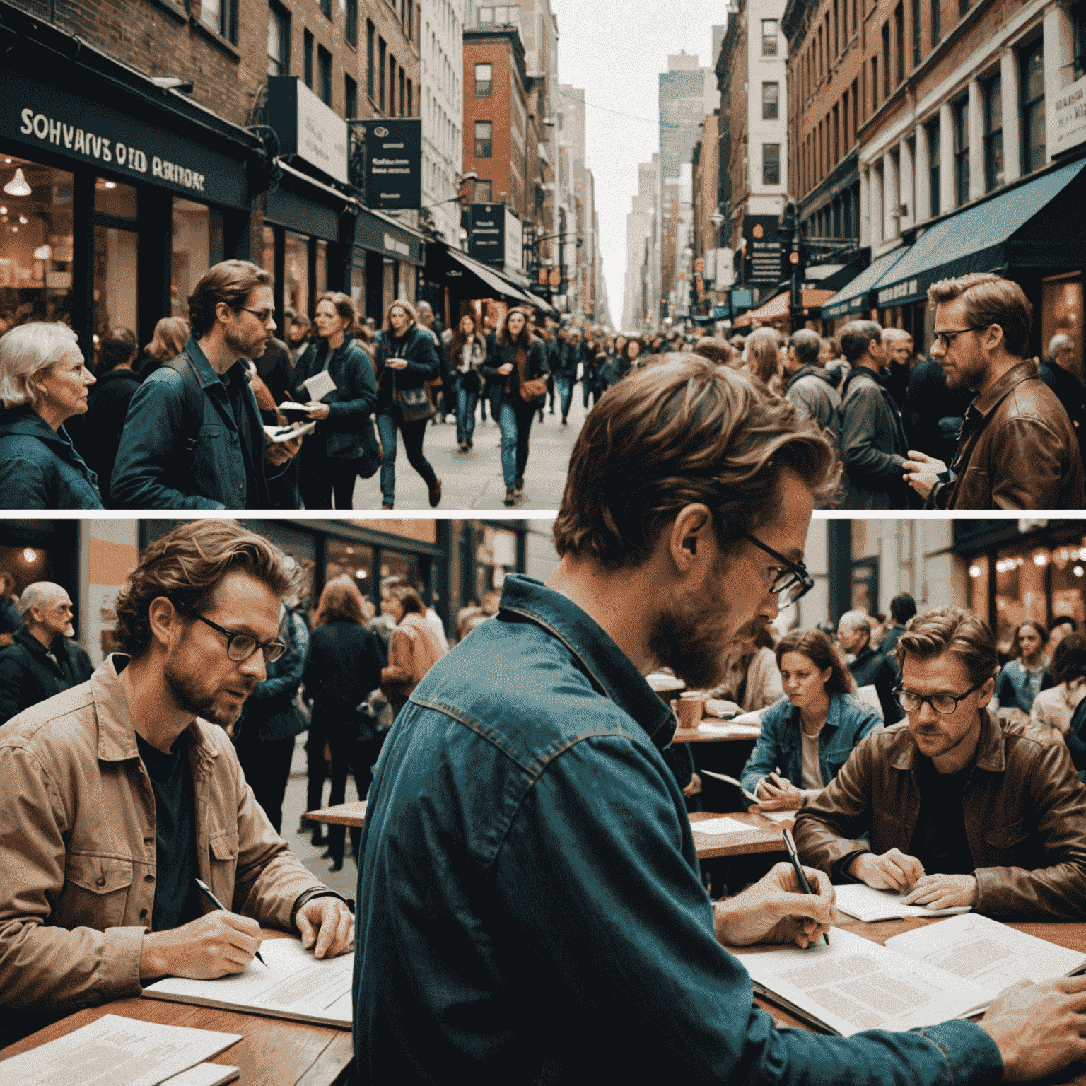 A split-screen image showing a crowded urban scene on one side and a close-up of a playwright writing dialogue on the other, illustrating the art of crafting conversations in busy environments