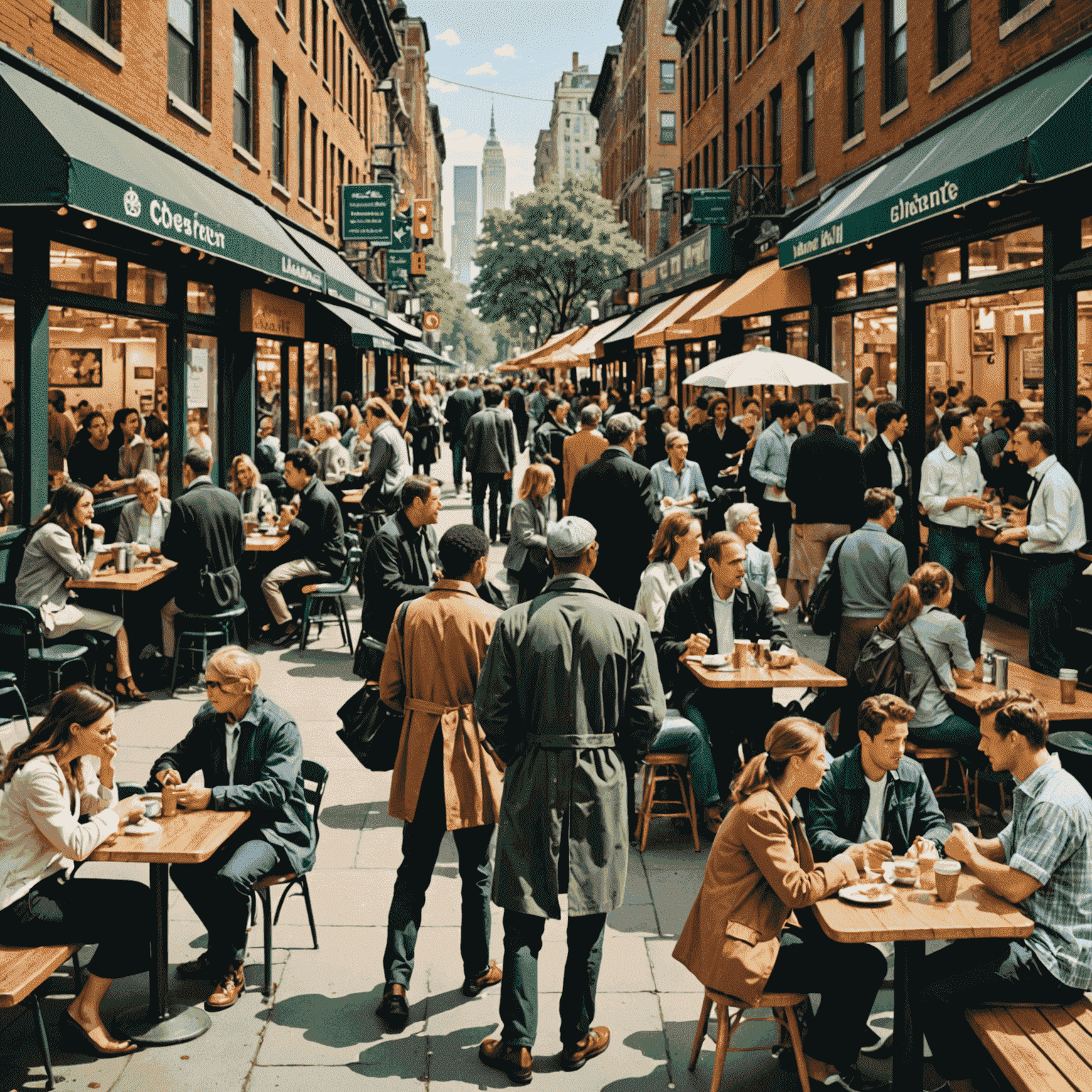 A collage of urban scenes showing various dialogue situations: a busy café, a crowded subway car, a street market, and a park bench with conversing individuals.