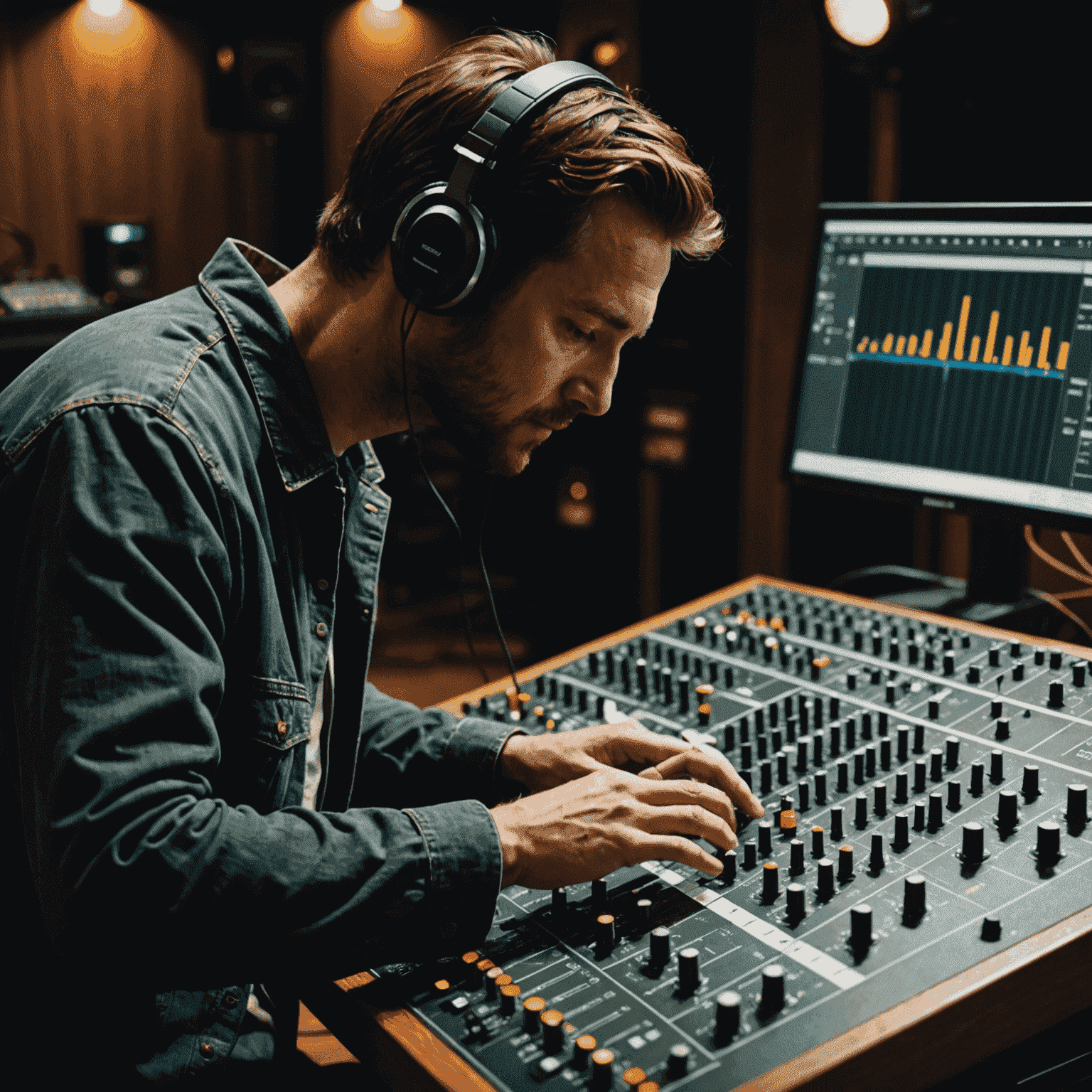 A sound engineer adjusting levels on a mixing board, focusing on natural ambient sounds for a dramatic scene.