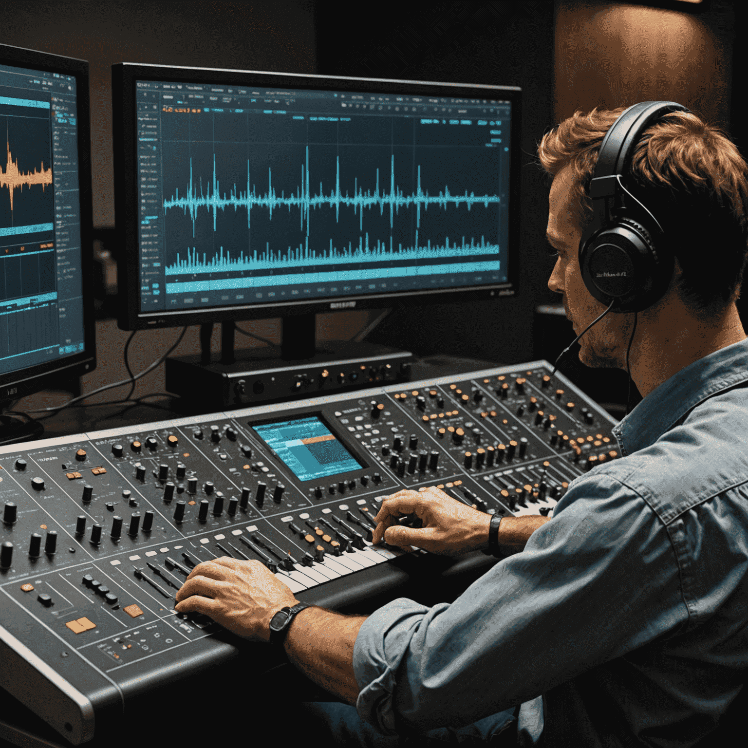 A sound engineer working on a complex audio waveform, enhancing dialogue clarity
