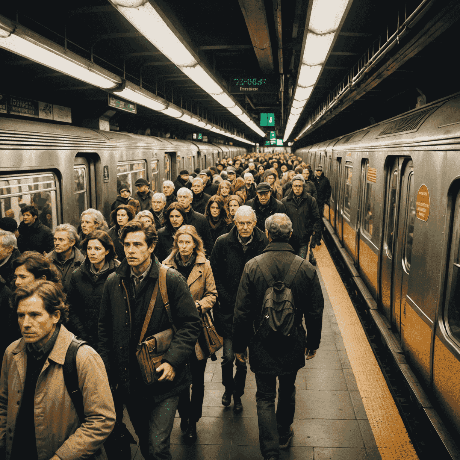 A crowded subway platform with trains arriving, people rushing, and echoing announcements