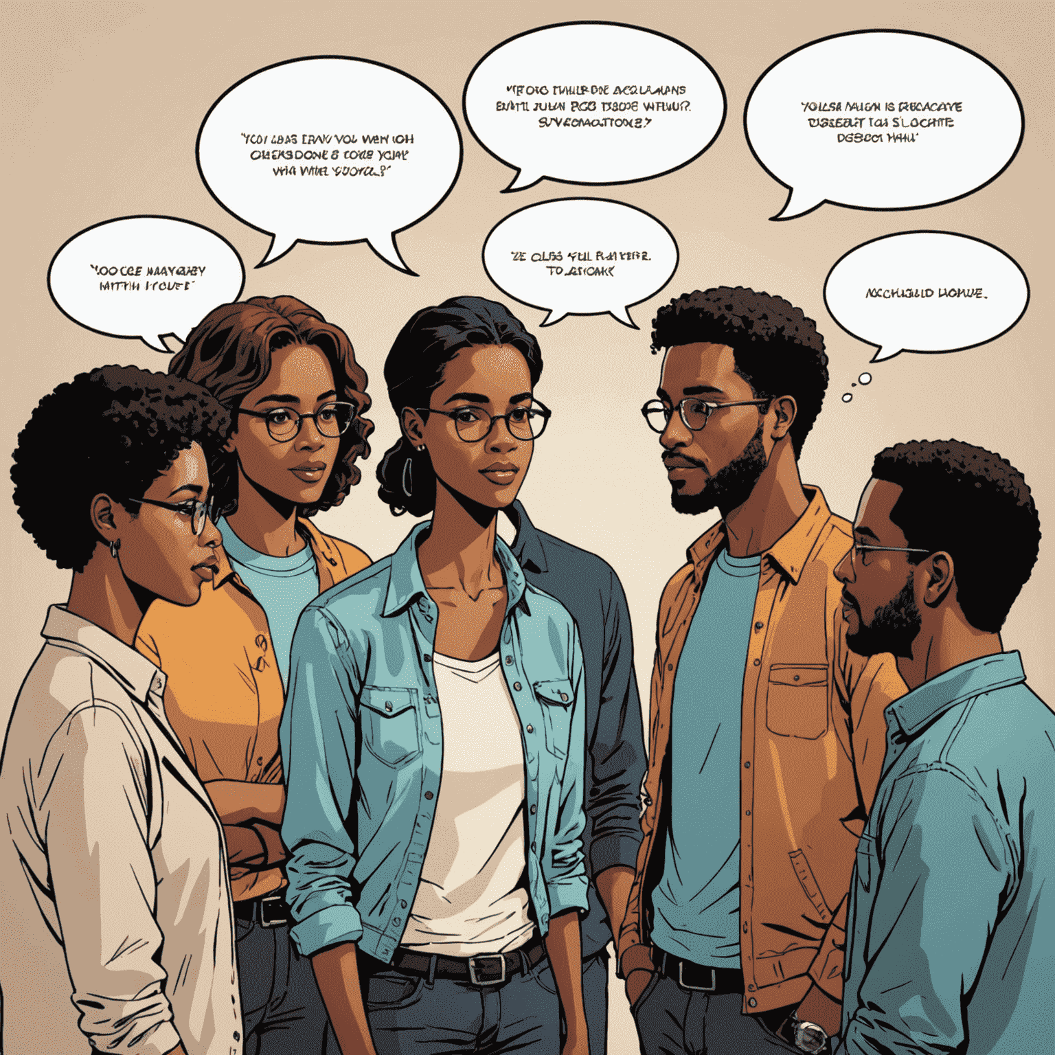 A group of people engaged in various conversations, with speech bubbles containing realistic dialogue snippets
