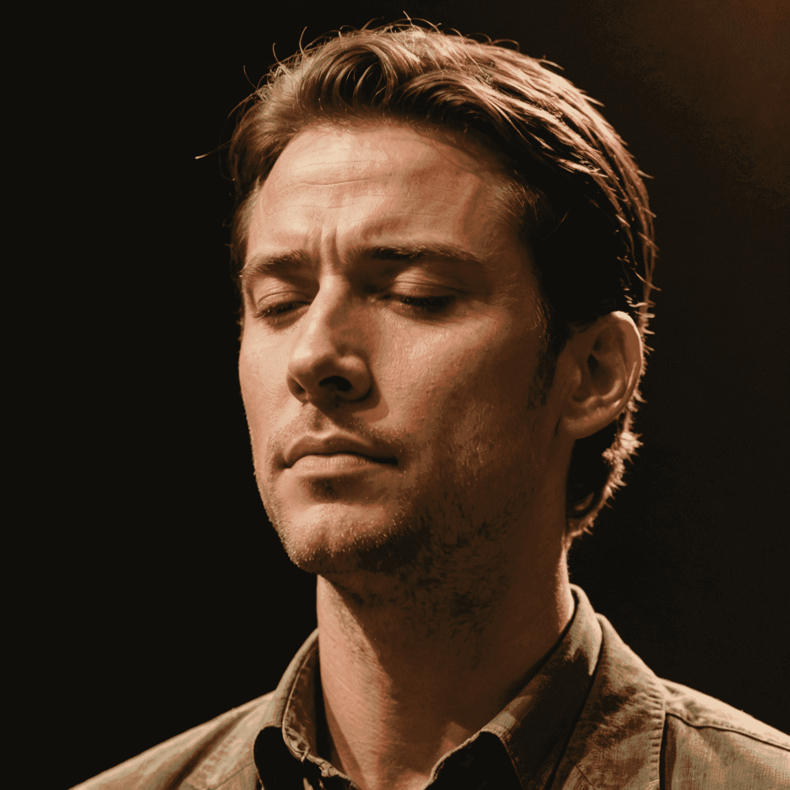 An actor on stage, eyes closed, seemingly listening intently to the subtle natural sounds incorporated into the scene.