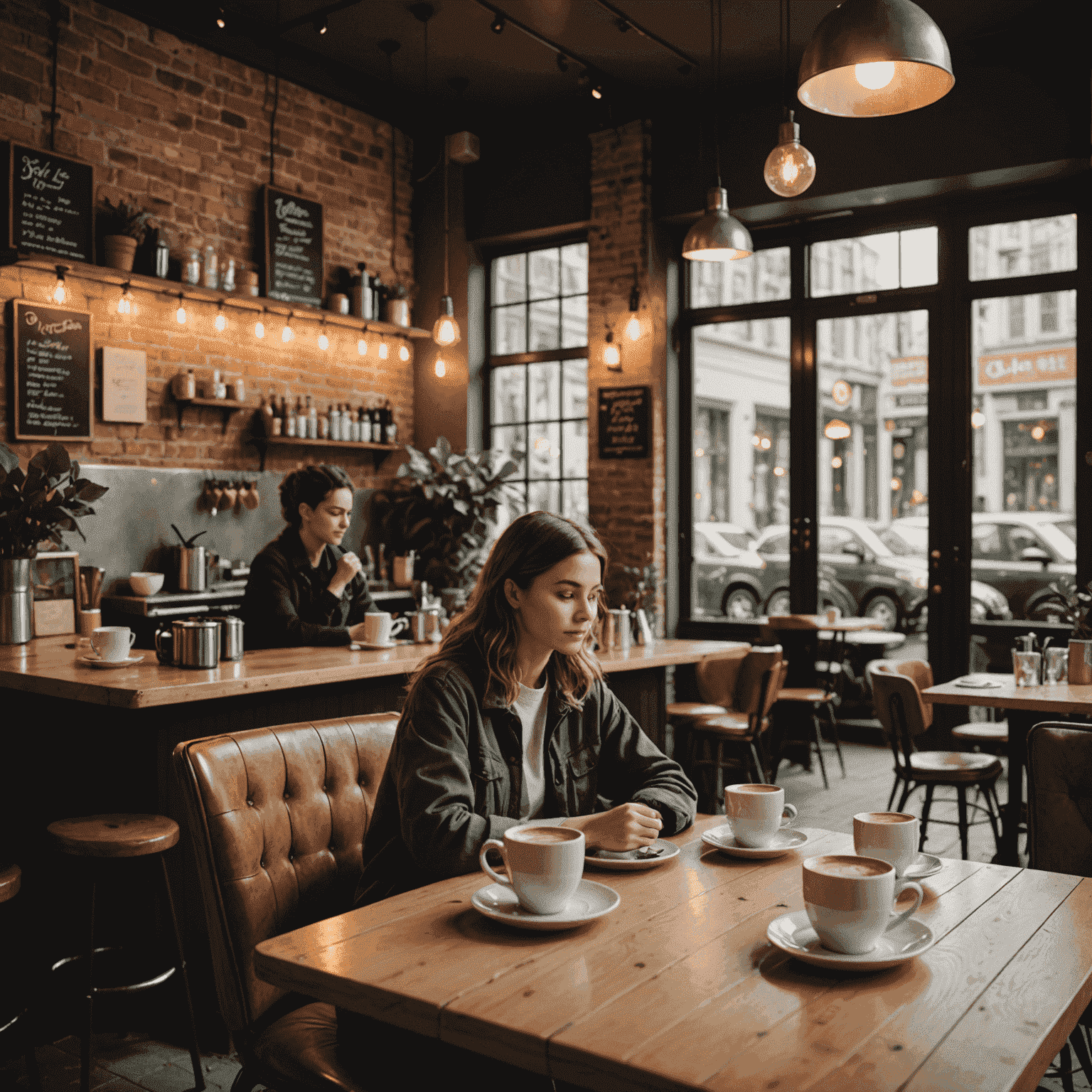A cozy urban cafe with the clinking of cups, quiet conversations, and soft background music