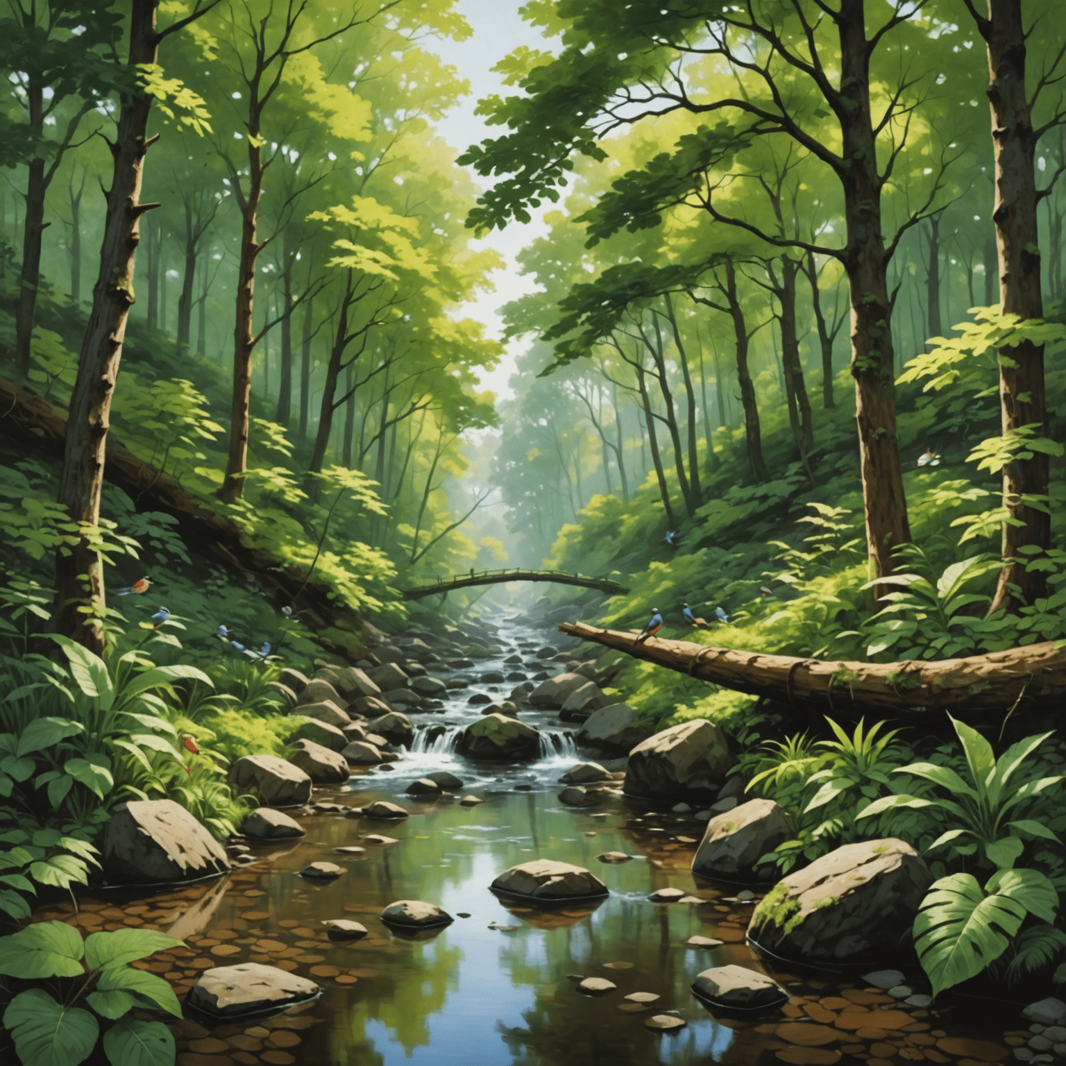 Lush forest with birds, rustling leaves, and a gentle stream