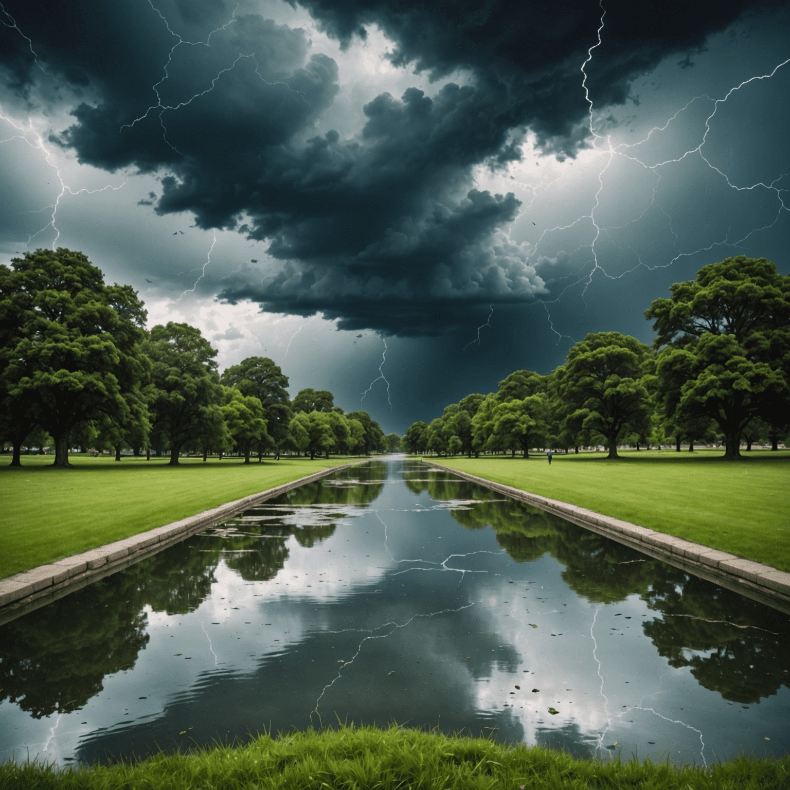 A split image showing a peaceful park scene and a dramatic stormy sky, with sound wave overlays representing different nature sounds