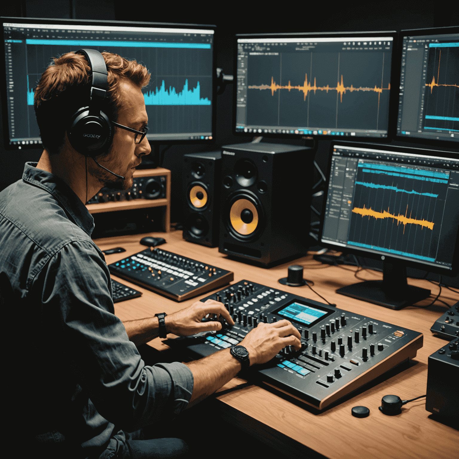 A sound designer creating a unique audio landscape on a digital audio workstation