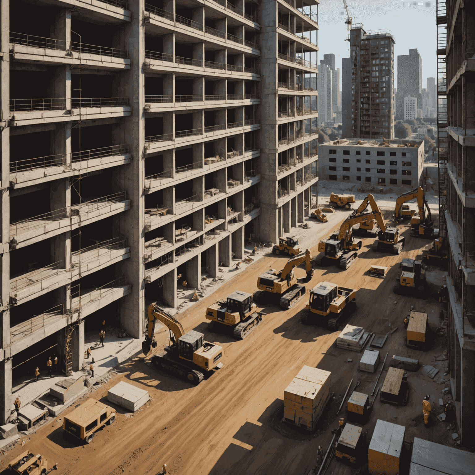 An active urban construction site with machinery, workers shouting, and the sounds of building