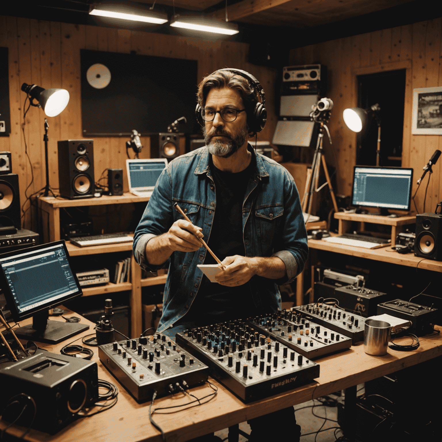 A foley artist in a studio surrounded by various props and recording equipment, creating unique sounds