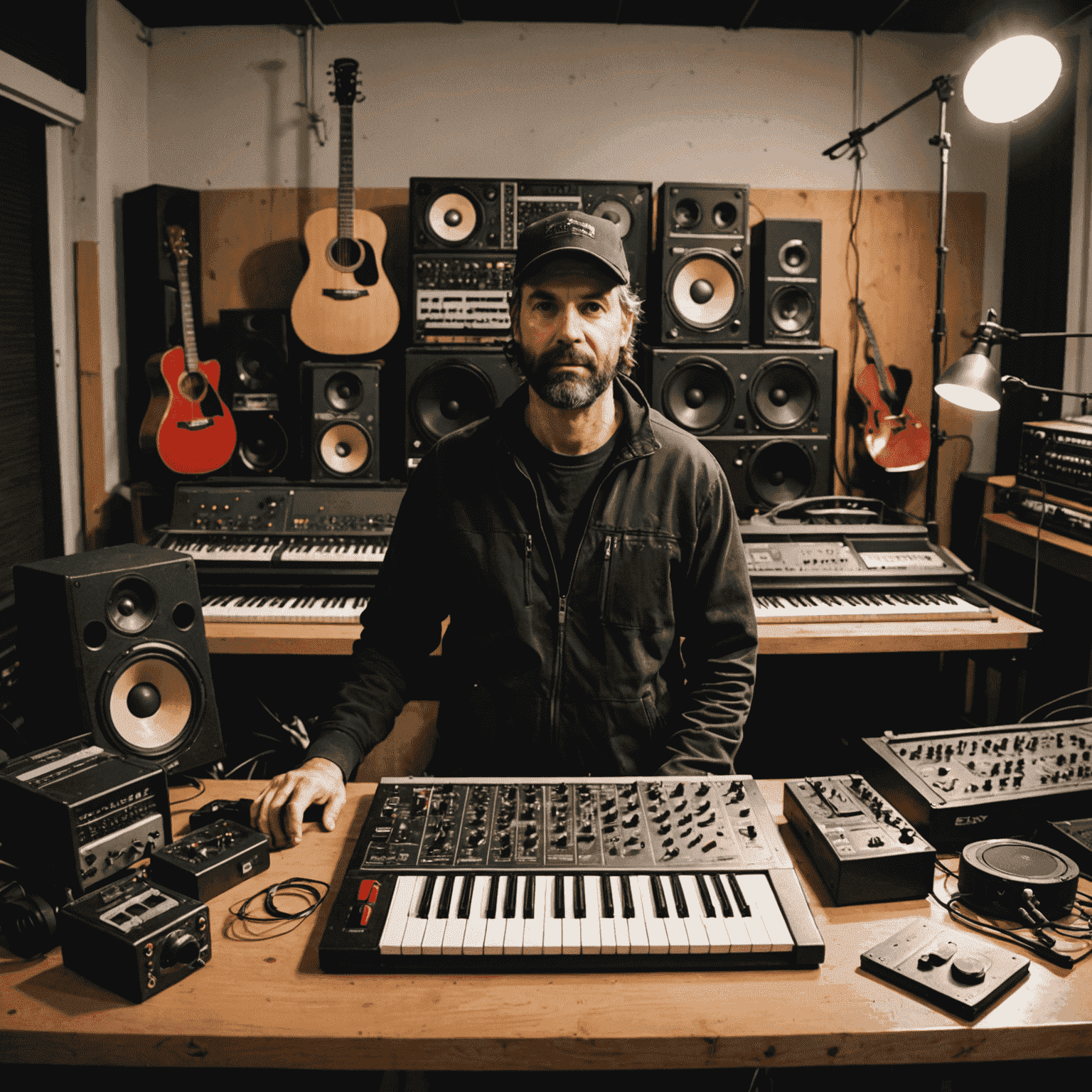 A foley artist creating everyday urban sounds using various props in a studio