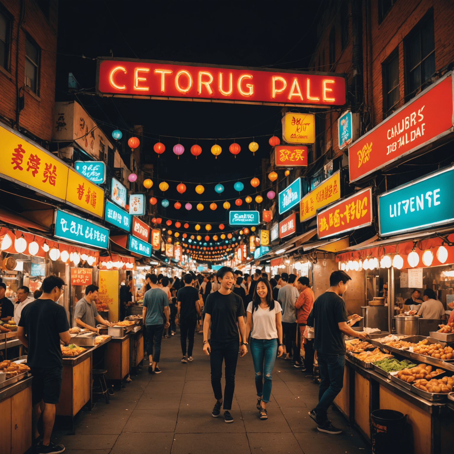 A vibrant night market with food vendors, laughter, and the buzz of neon signs