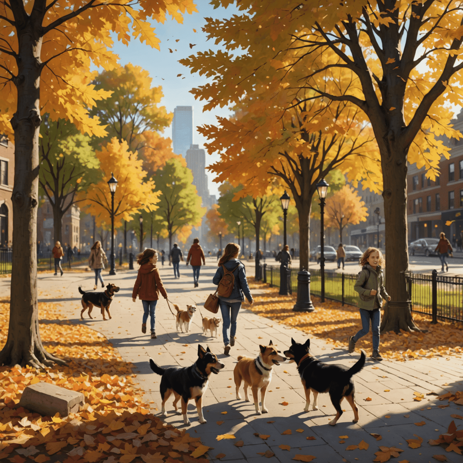 An urban park with children playing, dogs barking, and the rustle of leaves